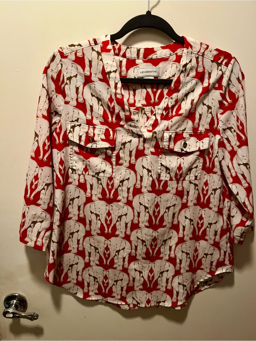 Liz Claiborne Red Blouse with White Elephant Print